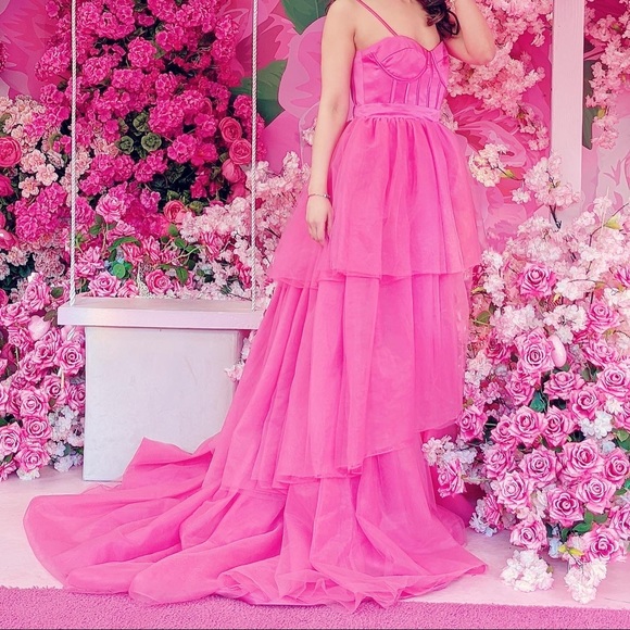 A-Line/Princess Tulle Layers Spaghetti Straps Sleeveless Sweep/Brush Train Dress - Picture 4 of 5